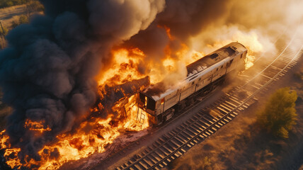 Railroad accident burning, train collision, fire on a passenger Wagons carriage, aerial top view.