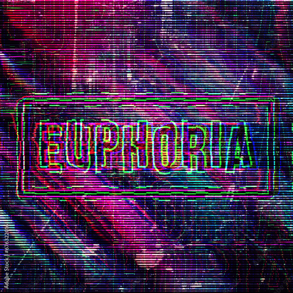 Poster euphoria glitch text phrase. square retro futuristic style typography on glitched violet background.