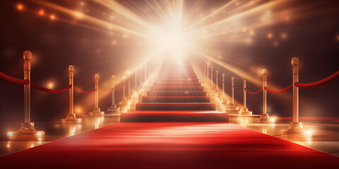 Red carpet and golden barrier with cinema light, event background