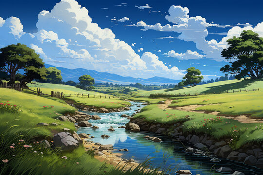 Immerse yourself in the serenity of nature with this picturesque scene of a beautiful green field under a vast blue sky with a solitary tree and a small creek or river. Ai generated