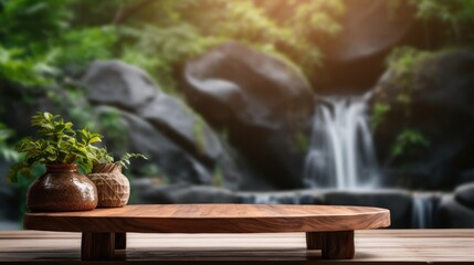 Empty wooden table for placing products on the background of the beautiful waterfall, business concept
