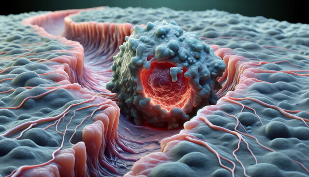 The Infiltration of a Cancer Cell into Surrounding Tissue – A Detailed Depiction Generated by AI