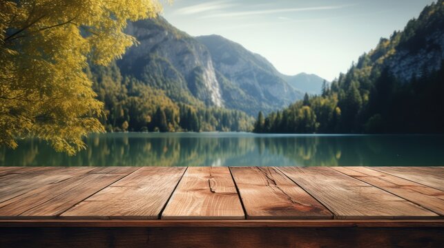 Empty wooden table for placing products on the background of the lake