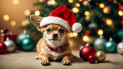 Fototapeta na wymiar Cute puppy Chihuahua wearing Santa Claus red hat under the Christmas tree. Merry Christmas and Happy New Year decoration around. New Year card