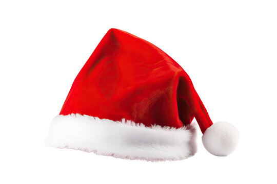A Festive red Santa hat with a white pompom, Christmas, Holidays, isolated, transparent background, furry christmas xmas santa claus hat, cutout, PNG. Mockup template, graphic design