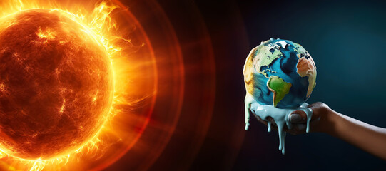Global warming or climate change concepts with earth melting.ozone environment and solar flare cosmic. greenhouse effect.save the world for future