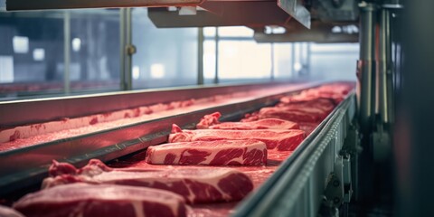 Raw meat on a conveyor belt fresh factory line.conveyor with meat, Meat processing plant.