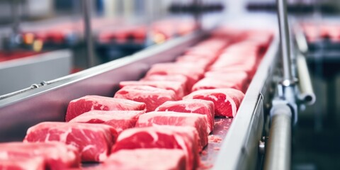 Fresh Pork slices on a conveyor belt in the workshop. Meat processing plant.