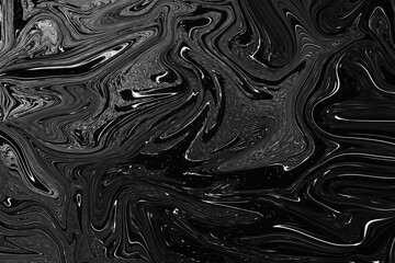 Black marble marbling liquid fluid smooth elegant texture background for invitation, poster, card, wllpaper, brochure. Dark mode web. Mixing paints. Design abstraction, modern art. Blurry backdrop. 