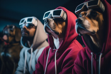 Dogs Watching a Movie on the Couch with VR Virtual Reality Headsets. Human-Like Anthropomorphic Animal Character.
