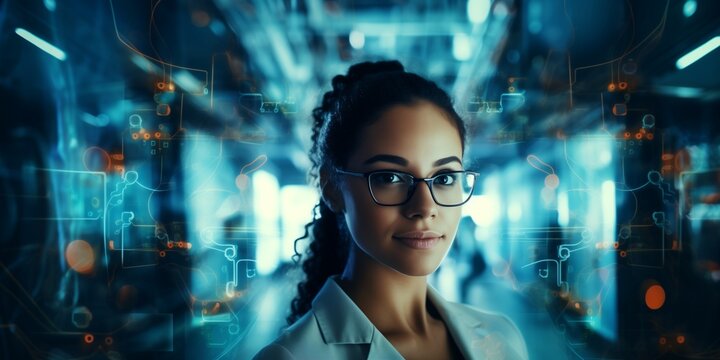 portrait of woman in glasses working with electronic circuits
