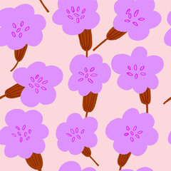 Vector seamless pattern with simple violet flowers on beige background. Simple doodle flowers, spring bloom pattern design. Vector illustration