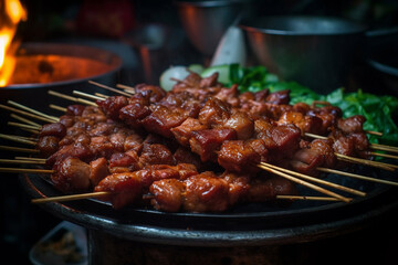 Indulge in the vibrant flavors of Thailand with our delectable street food featuring succulent meat skewers, a culinary journey through the bustling streets of Thai gastronomy. Ai generated