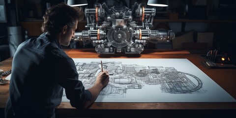 man drawing blueprints on a table with tools - obrazy, fototapety, plakaty