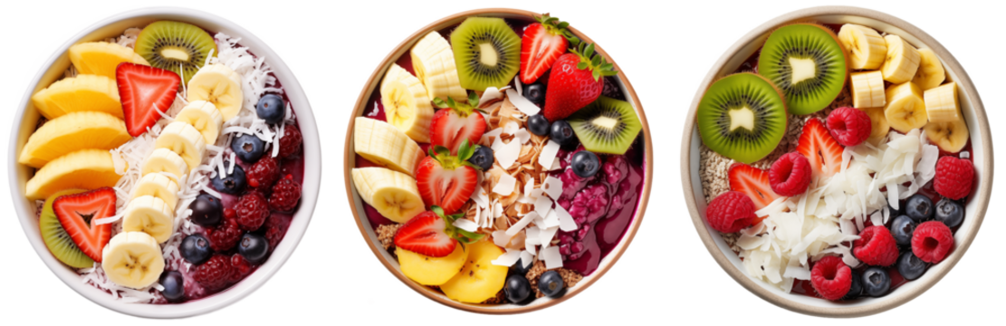 Breakfast acai bowl with coconut and tropical fruits isolated on white background (top view), food collection