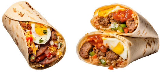 Two breakfast burritos with sausage, eggs, and salsa isolated on transparent background, food bundle - obrazy, fototapety, plakaty