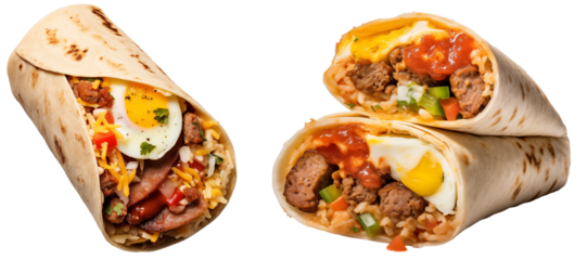 Two breakfast burritos with sausage, eggs, and salsa isolated on transparent background, food bundle