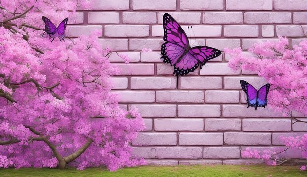 3d Wallpaper Pink And Purple Branches Flowers And Butterfly With Bricks