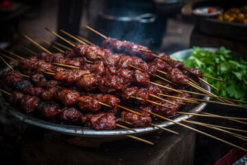 Indulge in the vibrant flavors of Thailand with our delectable street food featuring succulent meat...