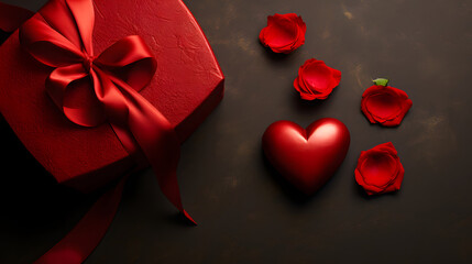 A red heart with a gift box and red rose on the top , top down shot - Valentine's Day Celebrations background 