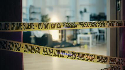 Do not enter police crime scene tape securing the apartment during the murder investigation - obrazy, fototapety, plakaty
