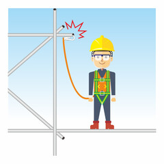 Unsafe condition vector illustration when worker wear safety harness improperly.  - obrazy, fototapety, plakaty