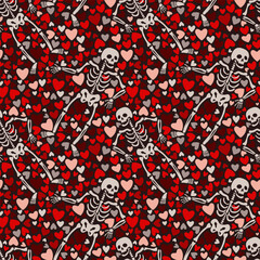 Seamless pattern with skeletons and hearts around. Vector illustration