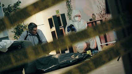View through the yellow police tape at the crime scene, with a forensic expert and a detective...