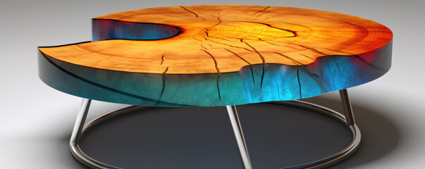 Modern colorful or rainbow round table on steel foots. Table design with epoxy resin.