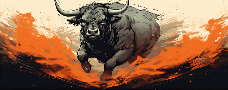 Angry bull run in fire background. Business bull markets