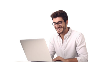 Fototapeta na wymiar Smiling a Handsome Male Using a Laptop and Wearing a Glasses on White or PNG Transparent Background.