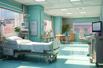 Interior of an empty Hospital Room. Recovery Room with beds and comfortable medical. - obrazy, fototapety, plakaty