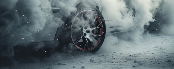 Burn wheels with smoke on snow. Car drift detail. lots of smoke from burning tires on winter street. - obrazy, fototapety, plakaty