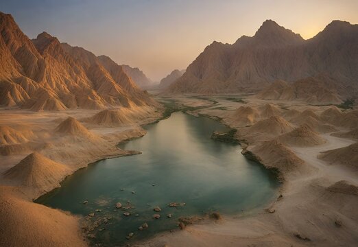 An image of serenity as the sun sets over Hingol National Park, Pakistan, casting a warm glow on the diverse wildlife and unique landscapes.