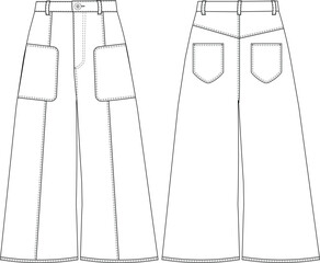 wide leg palazzo pant trouser technical drawing, flat sketch, template, fashion, jean, denim