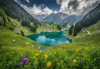 An image of the roaring Ratti Gali Lake surrounded by lush alpine meadows, showcasing the untamed elegance of the Azad Kashmir region.