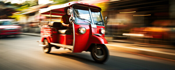 Red taxi in thailand. Tuk tuk wehicle for passangers. - obrazy, fototapety, plakaty