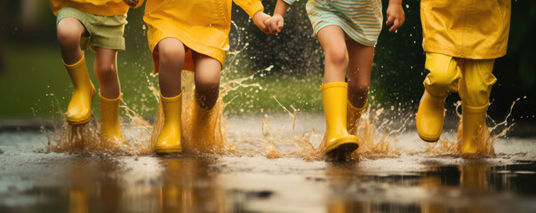 Children in yellow rubber boots playing and jumping in water puddle. - obrazy, fototapety, plakaty