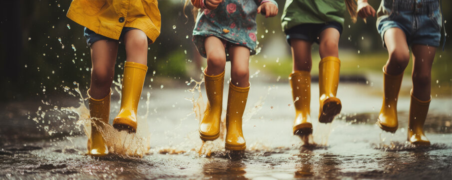 Children in yellow rubber boots playing and jumping in water puddle.