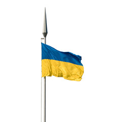 The national flag of Ukraine fluttering in the wind on a high flagpole