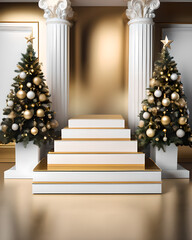 Biało-złote podium do prezentacji produktów w sezonie Bożego Narodzenia otoczone choinkami