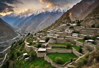 An image portraying the cultural richness of Hunza Valley, with terraced fields, traditional homes, and the iconic Baltit Fort. - obrazy, fototapety, plakaty