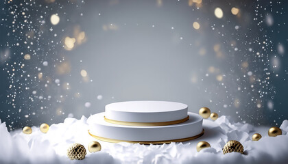 Białe podium do prezentacji produktów w sezonie Bożego Narodzenia otoczone śniegiem i ozdobami choinkowymi - obrazy, fototapety, plakaty