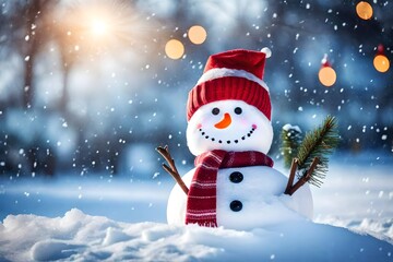 Naklejka na ściany i meble snowman with winter cap of snow