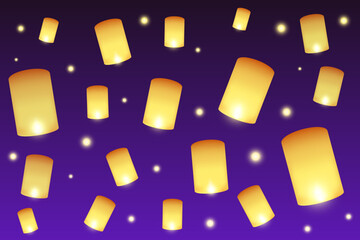 Traditional thai Yi Peng, Loy Krathong sky latern festival. Vector illustrations for banner, website, landing page, flyer.