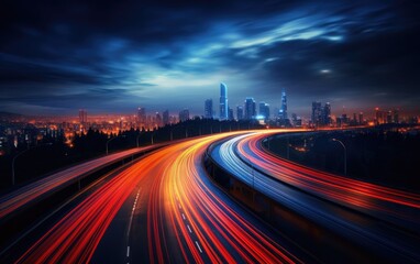Abstract motion speed Traffic, light trails on motorway highway at night, - obrazy, fototapety, plakaty