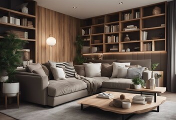 Corner sofa and rustic coffee table against wood lining wall with book shelves Scandinavian home