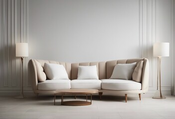 Curved loveseat sofa against white wall with frames Scandinavian home interior design of modern living room