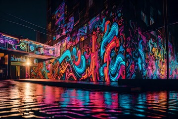 Liquid neon graffiti covering the walls of an abstract urban landscape