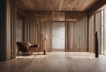 Minimalist interior design of modern rustic entrance hall with with abstract wooden room divider